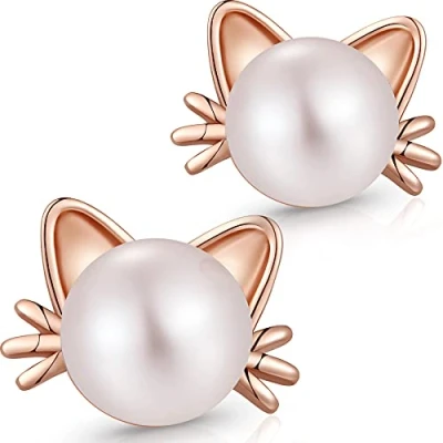 Image of Cat Earrings Pearl Cute Sterling Silver Ear Rose Gold Freshwater 8mm Kitty Sweet Stud for Women
