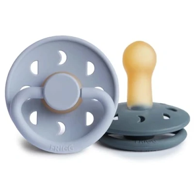 Image of FRIGG Moon Phase Latex Pacifier Pack of 2 Natural Rubber Soother Dummy BPA Free Made in Denmark Symmetrical Cherry Shaped Nipple (Powder Blue/Slate, Size (6 18 Months))