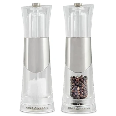 Image of Cole &amp; Mason H57273P Bobbi Salt and Pepper Mills, Precision+, Chrome/Acrylic, 185 mm, Gift Set, Includes 2 x Grinders