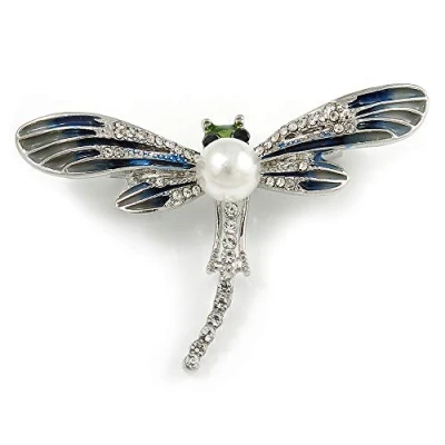 Image of Avalaya Blue/Grey Enamel Clear Crystal, Faux Pearl Dragonfly Brooch in Silver Tone Metal 50mm Across
