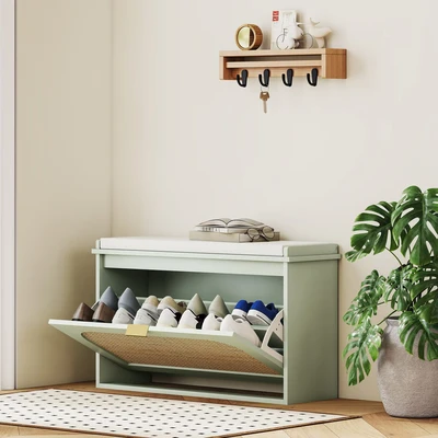 Image of HOMCOM Narrow Shoe Bench with Padded Seat and Flip Drawer, Boho Storage Rattan Door Adjustable Shelf for Hallway, Entryway, Holds 8 Pairs, Light Green