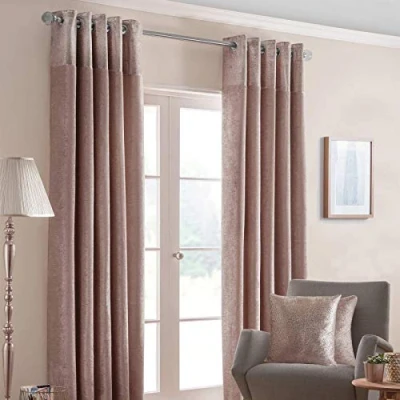 Image of HOMESCAPES Blush Pink Curtains 168 x 137cm (66 54) Nova Soft Chenille Modern Shimmer Curtain Pair Heavy Weight Eyelet