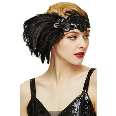 Image of BABEYOND Feather Headband 1920s Headpiece Vintage Flapper Crystal Great Gatsby Costume Accessories Roaring 20&#039;s (Black 1)