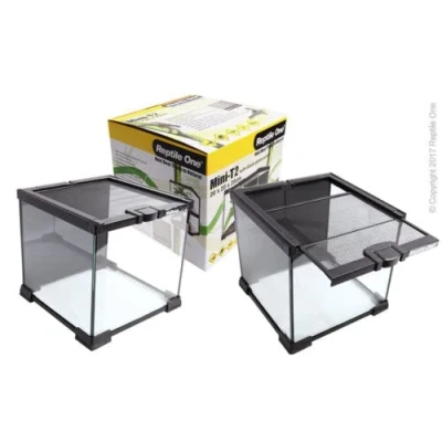 Image of Reptile One Mini Glass T2 Terrarium with Wire Mesh Lid 20x20x20cm Black Background