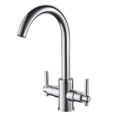 Image of Heable Kitchen Mixer Tap Dual Lever Monobloc Swivel Spout Chrome Sink Taps Brass with UK Standard Fittings