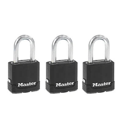 Image of Master Lock M115XTRILFCCSEN 1 7/8 Inch Wide Magnum Covered Laminated Steel Padlock, 5/16 Diameter, 1/2 Shackle Clearance, Triple Pack, Black and Silver, Pack of 3