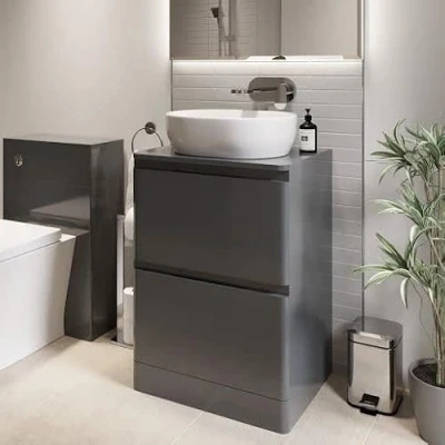 Image of Affine® 600mm Vanity Unit Bathroom Floor Standing Storage Cabinet Cupboard Cloakroom, Soft Close Drawers, St Tropez White Countertop Basin Sink, Grey Gloss