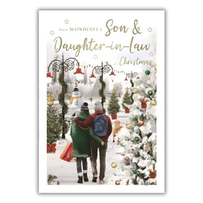 Image of ICG Son and Daughter In Law Christmas Card, Single Cards with Romantic Snowy Dog Walk Artistic Festive Design Special Finishes Xmas Envelope