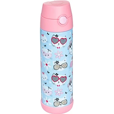 Image of Snug Kids Flask Stainless Steel Insulated Water Bottle with Straw for Children/Toddlers (Girls/Boys) Kitty, 500ml