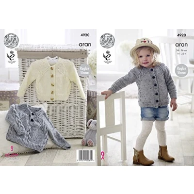 Image of King Cole 4920 Knitting Pattern Baby Childrens Cardigan and Sweater in Big Value Aran,Multicolor,14&quot; 22&quot; chest