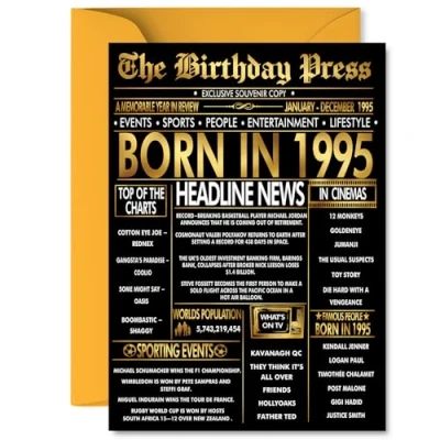 Image of Gold 30th Birthday Card for Men Women Black &amp; Golden Newspaper Born in 1995 Happy 30 Cards Husband Friend Sister Neighbour Brother Wife, 5x7 Inch Bday Greeting