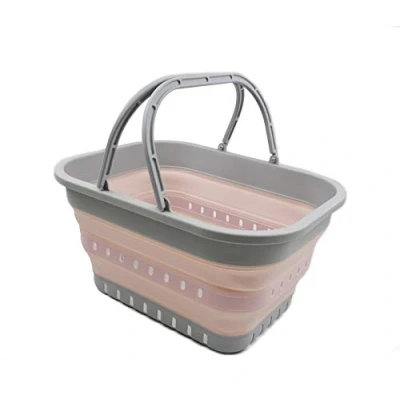 Image of SAMMART 19L Collapsible Tub with Handle Portable Outdoor Picnic Basket/Crater Foldable Shopping Bag Space Saving Storage Basket (Grey/Pink)