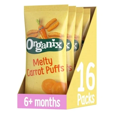 Image of Organix Melty Carrot Puffs, Organic Baby Snack, Finger Food, Multipack (4 x 18 g) (Pack of 4), Total 16 Packets