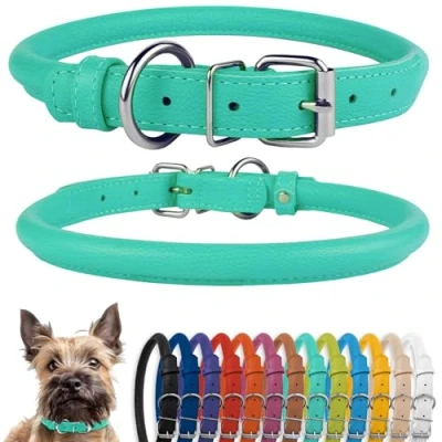 Image of CollarDirect Rolled Leather Dog Collar, Soft Padded Round Puppy Handmade Genuine Collar Small Large Cat Collars Black Pink Red Purple Blue (Mint Green, 23 28 cm)