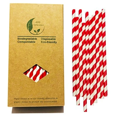 Image of Red and White Striped Paper Drinking Straws,100% Biodegradable Disposable Food Grade Straws Bulk 100 for Cocktail, Coca Cola, Daily Use