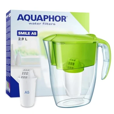 Image of AQUAPHOR Smile Water Filter Jug 2.9L, Fits Fridge Doors, Student Friendly Lightweight, Space saving, Includes 1 x A5 350L Filter, Reduces Limescale, Chlorine, Microplastics Green