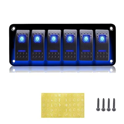 Image of Geloo 6 Gang Switch Panel, 12V/24V Rocker ON/OFF Toggle IP65 Waterproof for Car Boat Marine RV Truck Camper Vehicles (Blue)