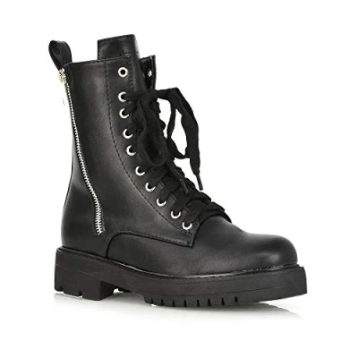 Image of Womens Black Lace Up Biker Boots Ladies Zippers Grip Sole Faux Leather Casual Combat Booties Size 3 8