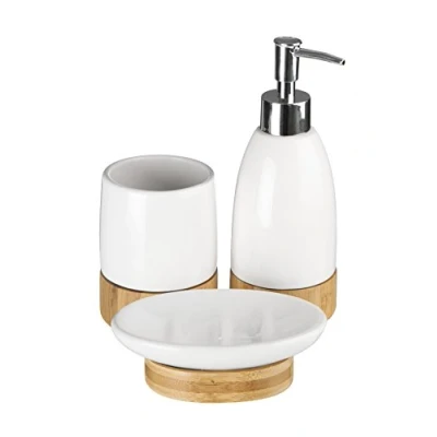 Image of Premier Housewares Earth Bathroom Set White/Bamboo 3 Piece, Dolomite, 20 x 21 9 cm