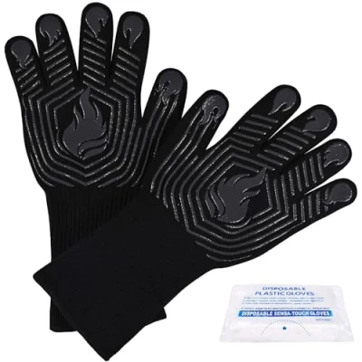 Image of BBQ Gloves, 1472F Heat Resistant Gloves Fireproof Mitts，Grilling Silicone Non Slip Washable Oven Kitchen for Barbecue, Grilling, Cooking, Baking, Camping, Smoker (Black)