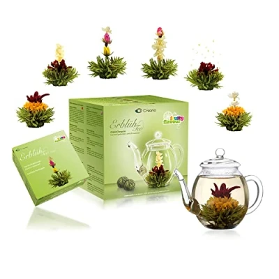 Image of Creano Blooming Tea Gift Set Flowering Giftset with 500 ml Glass Pot and 6 Flowers Green