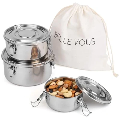 Image of Belle Vous Stainless Steel Lunch Box Set with Bag (3 Pack) Leak Proof Food Containers Suitable for Snacks, Fruit, Cereal, Soups &amp; Meals BPA Free