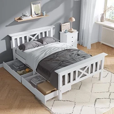 Image of Merax 3FT Single Bed Frame with 2 Underbed Drawers, Solid Pine Wood Storage, X Shape Headboard, Lattice Pattern Design, Guest for Adults, Kids, Teenagers, White, 90x190cm