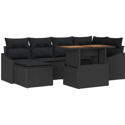 Image of vidaXL 7 Piece Garden Dining Set with Cushions Black Poly Rattan Acacia
