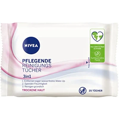 Image of NIVEA 3 in 1 Gentle Cleansing Wipes (25 Wipes), Mild Facial with Natural Almond Oil, Make Up to Remove &amp; Waterproof Mascara