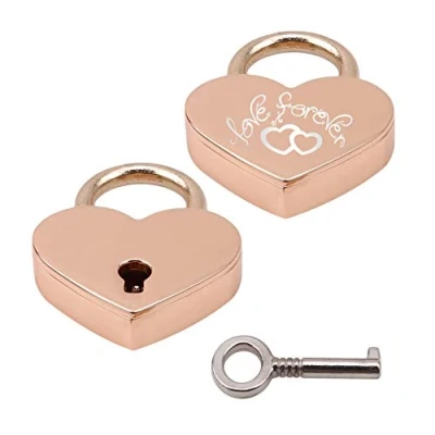 Image of BaiJ Engraved Heart Padlock,Love Padlock in Shape with Key for Luggage Handbag Diary Valentine&#039;s Day Gift Rose Gold