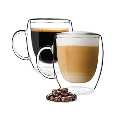 Image of PYYB 2 Large Capacity Double Layer Glass Coffee Cups 350ml Insulated Latte Cappuccino Cups, Ice Cream Dessert with Handles