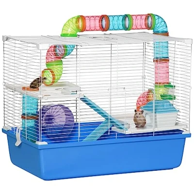 Image of PawHut Hamster Cage, Gerbil Cage 3 Tier for Dwarf with Tube, Exercise Wheel, Water Bottle, Food Dish 59 x 36 47 cm Blue