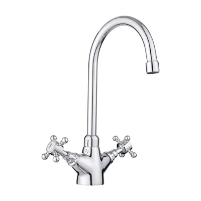 Image of JASSFERRY Swan Neck Kitchen Mixer Tap Monobloc Two Crosshead Handles Sink Basin Faucet with Swivel Spout Chrome