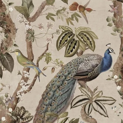 Image of Peacock Woods Taupe Wallpaper Modern Naturistic Floral Flowers Birds Stylish Trendy Feature Wall
