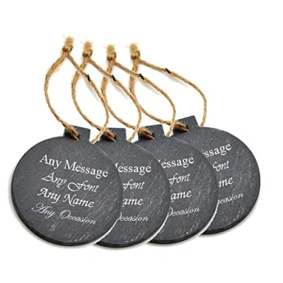 Image of Personalised Engraved Christmas Tree Hanging Slate Decoration Bauble Design Set of 4