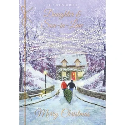 Image of Noel Tatt Daughter and Son in Law Christmas Card, Single Cards with Couple Walking the Snow Scene Special Finishes Eco Friendly Xmas Envelope