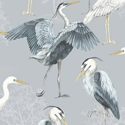 Image of Dimension Heron Wallpaper Modern for Living Room, Bedroom, Fireplace Decorative Luxury Nature Wall Paper with Hand Drawn Herons &amp; Trees (White/Grey/Blue)