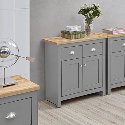 Image of Timber Art Design UK Lisbon Sideboard Storage Cupboard with 2 Doors &amp; Drawers Compact Organizer Unit For Dining Room, Living Modern Cupboard, Grey H82 x W79 D35 cm