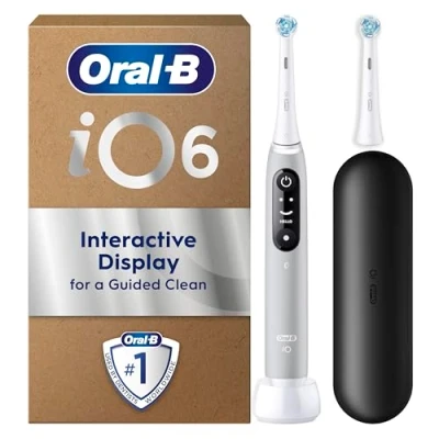 Image of Oral B iO 6 Grey Electric Toothbrush, 2 Toothbrush Heads, 1 Travel Case, Designed by Braun
