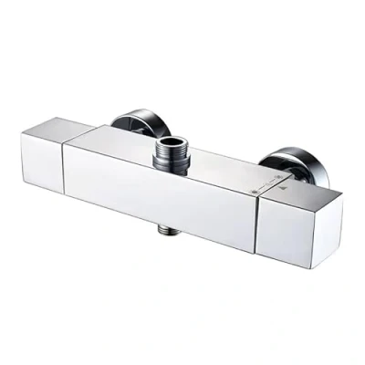 Image of AFUDER Thermostatic Shower Faucet 38℃ Black Bath Top Spray Thermostat Bottom G 1/2&quot; 3/4&quot; BSP Two Outlet Brass Chrome Plated Square