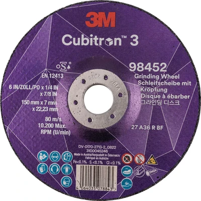 Image of 3M Cubitron 3 Depressed Center Grinding Wheel, 98452, 36+, T27, 150 mm x 7 22.23 mm, EN, 10/Pack
