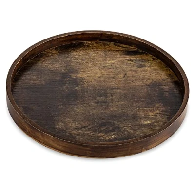 Image of Hanobe Decorative Coffee Table Tray: Brown Wood Tray Round Rustic Wooden Trays Circle Farmhouse Centerpiece Candle Holder for Home Decor Ottoman Counter Display Living Room Organizer 12&quot;