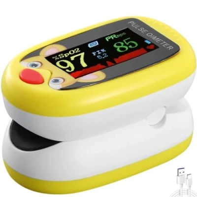 Image of Pediatric Pulse Oximeter Blood Oxygen Saturation Monitoring CE FCC Approved Heart Rate Stats Detector NHS Children Finger Kids SpO2 Levels Monitor TFT Lanyard &amp; USB (Yellow Oximeter)