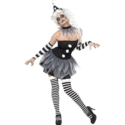Image of Smiffys Sinister Pierrot Costume, Black with Dress, Neckpiece, Hat &amp; Arm Cuffs, Halloween Cirque Fancy Adult Dress Up Costumes