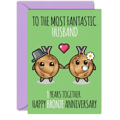 Image of Cute Bronze Anniversary Card for Husband 8 Years Together Happy 8th Wedding Cards from Wife, A5 Greeting Eighth Anniversaries