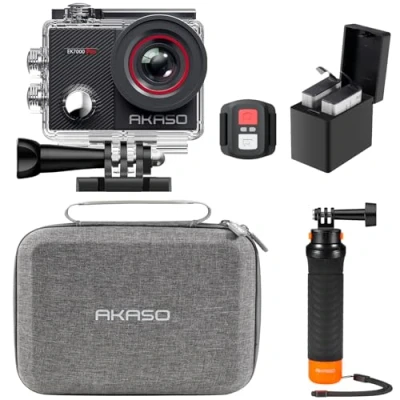 Image of AKASO EK7000 Pro Action Camera Floating Hand Grip Bundle Includes 4K30FPS Underwater Camera, Grip, 2 Batteries, Carrying Case, and Accessory Kits