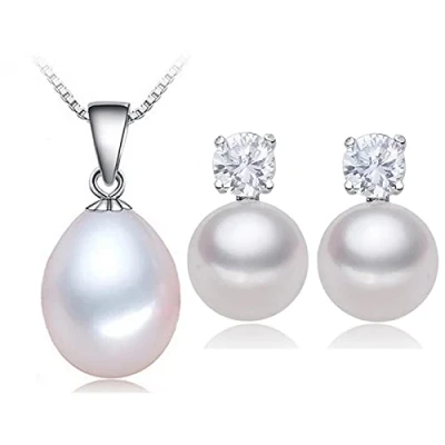 Image of 925 Sterling Silver Jewelry Natural Freshwater Pearl Set Pendant Stud Earrings Choker Necklace For Women