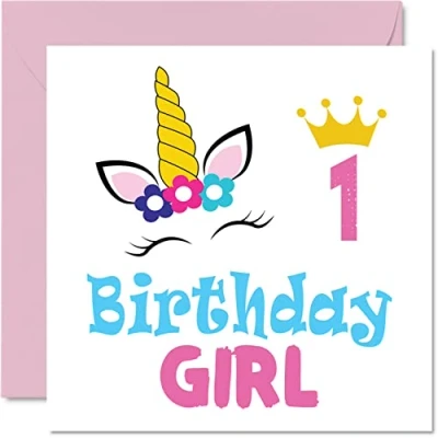 Image of 1st Birthday Card Girl Unicorn Happy 1 Year Old Girl, Girls Cards for Her, 145mm x Greeting Daughter Niece Granddaughter Kid Children