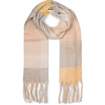 Image of styleBREAKER Women Woven knitted scarf with colourful check pattern and long thick fringes, warm winter, stole 01017138, Colour:Grey Yellow Beige