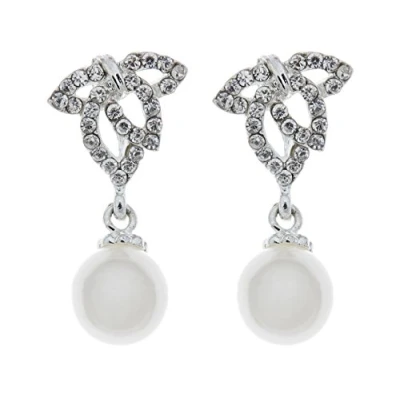 Image of Clip On Earrings Silver Plated Drop With Rhinestone Crystals And A Pearl Elle